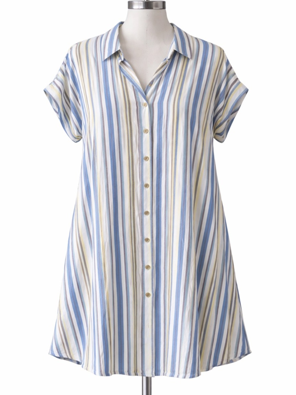 Mile Gabrielle 3X Striped Shirt Dress | Blue Beige Casual Button Down Dress